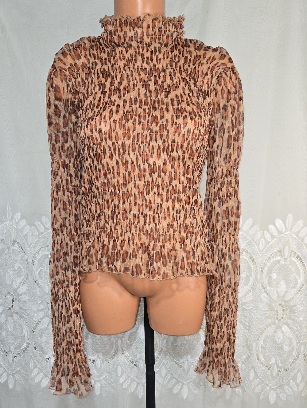 Free People Leopard Print Sheer Long Sleeve Shirt/Top Sz X-Large